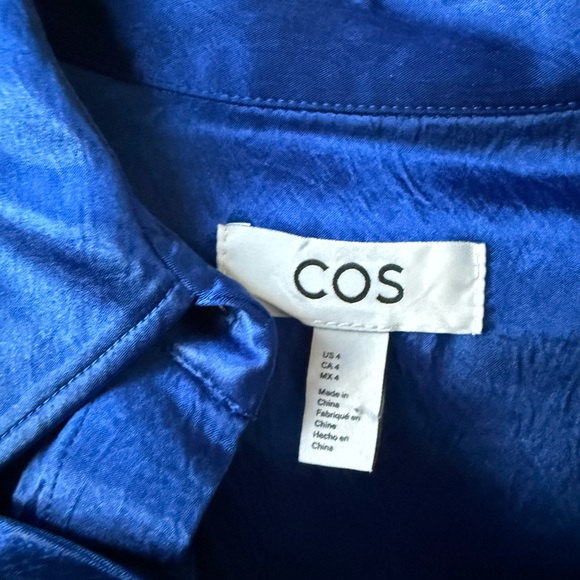 COS Oversized Satin Crinkled Texture Long Sleeve Blouse in Royal Cobalt Blue - Picture 6 of 8